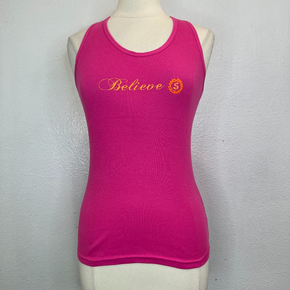 American Apparel Women Hot‎ Pink Racer Back Tank Top "Believe" Graphic Size L